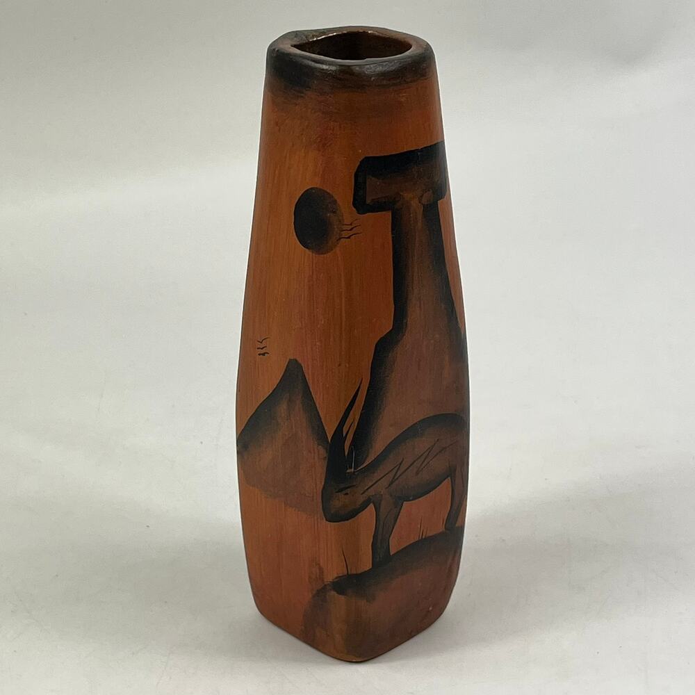Hand Painted Mexican Folk Art Pottery Vase Donkey Desert Scene Mexico 5in Unique